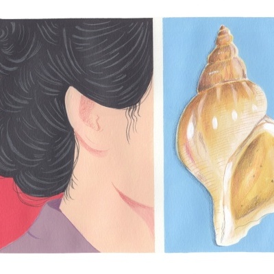 Ilustração de rosto parcialmente visível com cabelo preto e concha marinha castanha clara