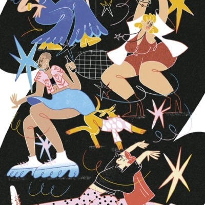 Ilustração de quatro pessoas a dançar e um cão em fundo preto com estrelas coloridas