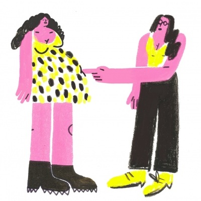 Ilustração de duas mulheres em roupa colorida sobre fundo branco