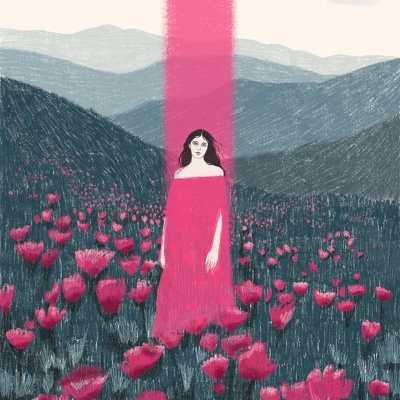 Mulher com vestido rosa num campo de flores rosa e montanhas azuis ao fundo