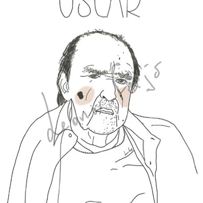 Desenho simples a preto e branco de um homem idoso com cabelo ralo e expressão séria