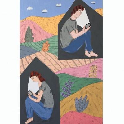 Ilustração de duas pessoas sentadas em casas triangulares com colinas coloridas ao fundo