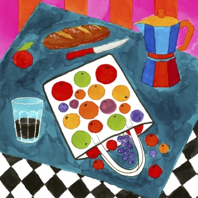 Ilustração de mesa com pão, faca, jarra colorida, copo com líquido escuro e saco branco com desenhos de frutas.