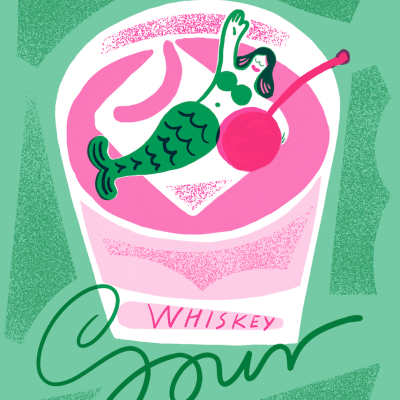 Ilustração de copo com bebida rosa, sereia verde e cereja vermelha com texto WHISKEY SOUR