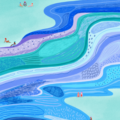 Ilustração artística de praia com ondas azuis e figuras humanas pequenas