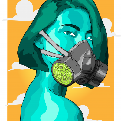 Ilustração de pessoa azul com máscara preta e filtros verdes, fundo laranja e nuvens brancas