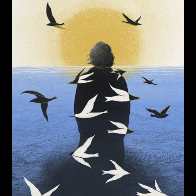 Pessoa sentada na rocha com gaivotas a voar e sol no horizonte