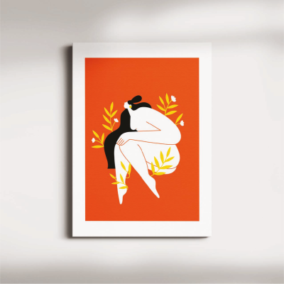 Ilustração de mulher estilizada com fundo laranja e elementos florais