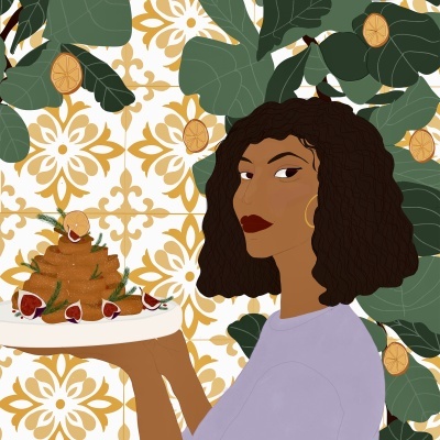 Ilustração de mulher segurando um prato com bolo decorado, fundo decorativo floral e folhas