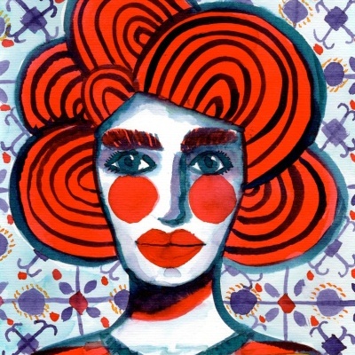 Ilustração de rosto feminino com cabelo laranja e padrão geométrico ao fundo