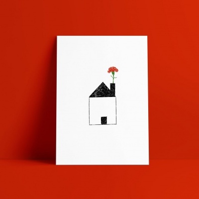 Cartão branco com ilustração de casa e flor em fundo vermelho