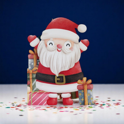 Figura decorativa de Pai Natal com presentes e confetes num fundo azul.