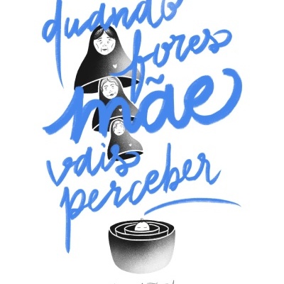 Ilustração com texto em azul e preto e figuras femininas tristes com vela acesa