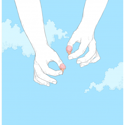 Ilustração mãos grandes com gelados cor-de-rosa e mãos pequenas a estenderem-se para cima