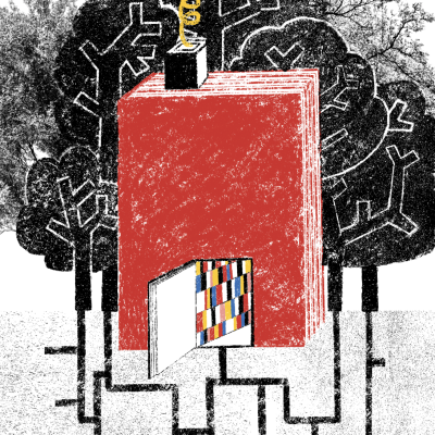 Edifício vermelho com porta aberta colorida e tubos pretos, rodeado por árvores estilizadas