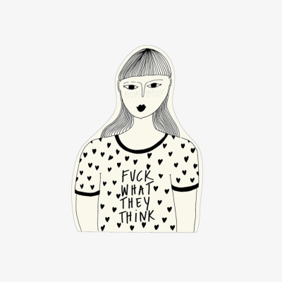 Desenho preto e branco de figura feminina com t-shirt de corações e texto