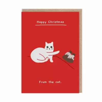Cartão de Natal vermelho com gato branco e pudim, texto 'Happy Christmas' e 'From the cat.'
