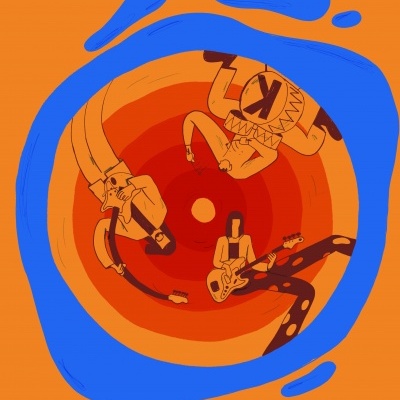 Ilustração de músicos em círculo laranja com contorno azul sobre fundo laranja.