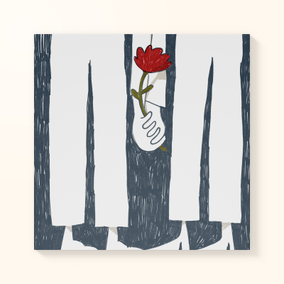 Desenho abstrato de mão branca segurando flor vermelha entre formas pretas e brancas