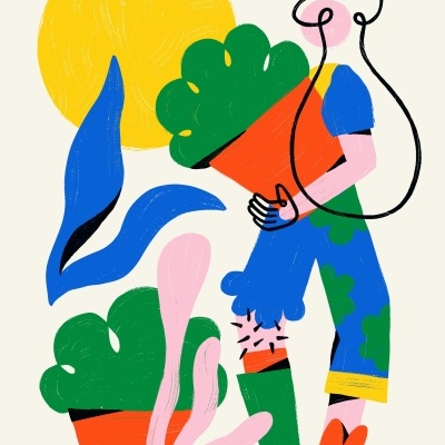 Ilustração abstrata de pessoa com plantas e sol amarelo