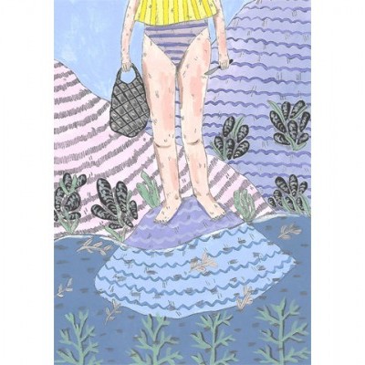 Ilustração de pessoa com camiseta amarela, cuecas às riscas azul e branca, e bolsa preta num fundo colorido com plantas