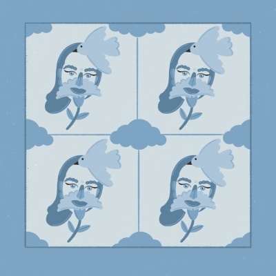 Padrão quadriculado azul com ilustração de rosto feminino, nuvens e ave branca.