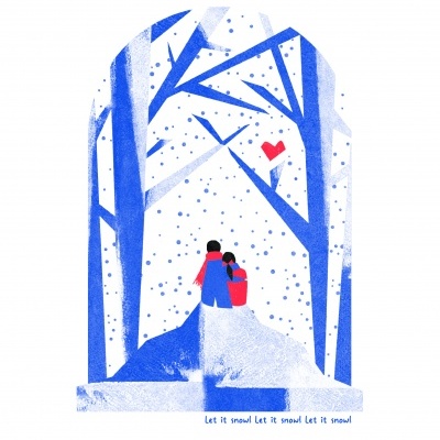 Ilustração de duas pessoas abraçadas na neve com árvores azuis e coração vermelho