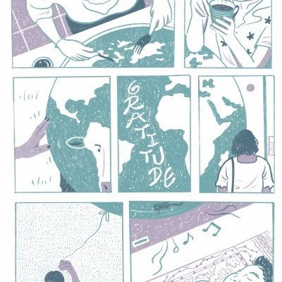 Ilustração em banda desenhada com cenas diversas de pessoas e um globo terrestre