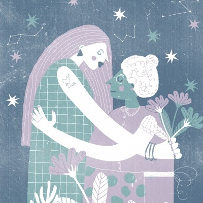 Ilustração digital de duas pessoas abraçadas com fundo de constelações e plantas