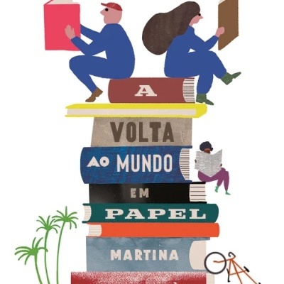 Ilustração de pessoas lendo livros empilhados com bicicleta e plantas