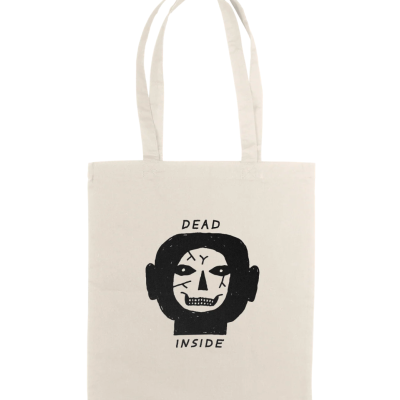 Saco de lona bege com estampa preta de caveira e texto DEAD INSIDE