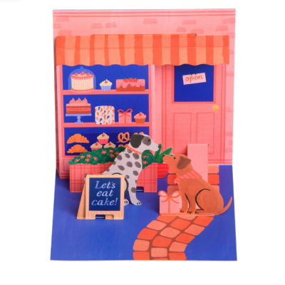 ilustração de pastelaria com cães, bolos, presentes e placa Lets eat, cake!