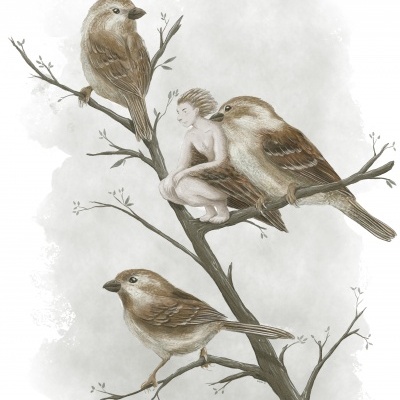 Ilustração de três pássaros e uma pequena figura humana sentada em ramos