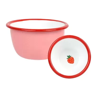 Conjunto de duas tigelas metálicas esmaltadas com borda vermelha e morango pintado