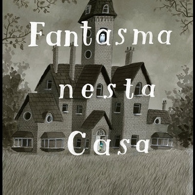 Capa do livro 'Há um Fantasma nesta Casa' de Oliver Jeffers com ilustração de casa antiga e texto em branco e amarelo.
