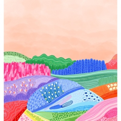 Ilustração artística de colinas coloridas e texturizadas sob um céu rosa pálido.