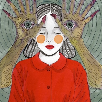 Ilustração de rapariga com vestido vermelho e mãos grandes com olhos encostadas na cara