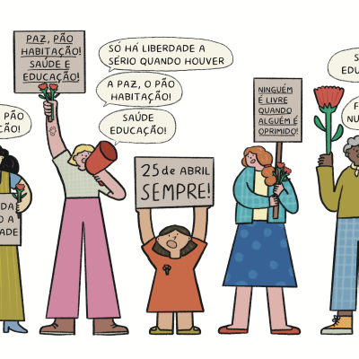 Ilustração de cinco pessoas a protestar com cartazes e flores, mensagens sobre liberdade, paz e educação em português.