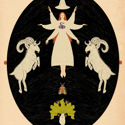 Ilustração vetorial de figura feminina com seis braços, cabras, inseto e elementos decorativos sobre fundo bege e círculo preto