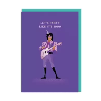 Cartão roxo com ilustração de músico e texto LET'S PARTY LIKE IT'S 1999