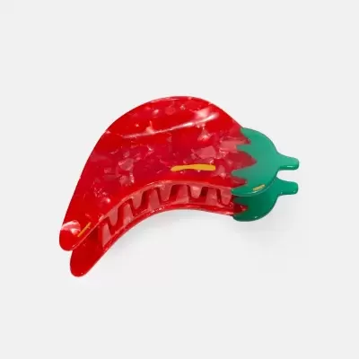 Presilha de cabelo em formato de pimento vermelho com folha verde