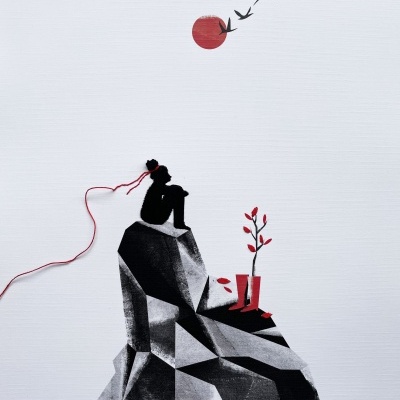 Ilustração minimalista com figura humana a preto, rocha cinzenta, planta vermelha e sol vermelho