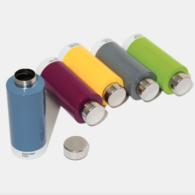 Cinco garrafas térmicas coloridas com tampas metálicas sobre fundo branco