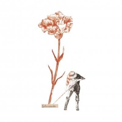 Desenho de flor carnuda castanha com figura humana e palavra Liberdade.