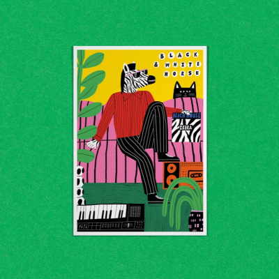 Ilustração colorida de zebra antropomórfica com texto BLACK & WHITE HORSE e BEACH HOUSE ZEBRA