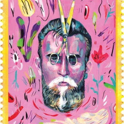 Ilustração vibrante de homem com tesouras na cabeça e fundo cor-de-rosa