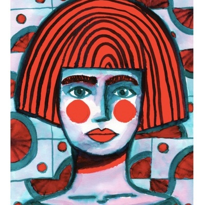 Ilustração de figura feminina com cabelo laranja e padrão circular vermelho no fundo