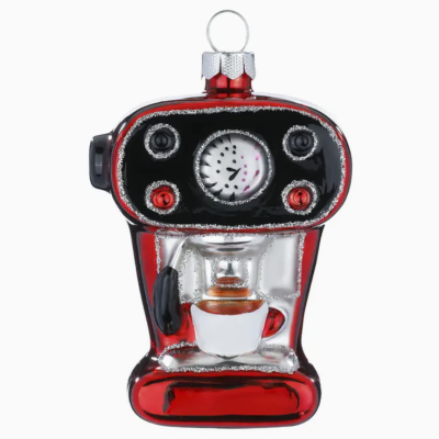 Enfeite de Natal máquina de café expresso vermelha e preta com chávena