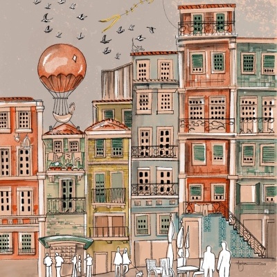 Ilustração de edifícios coloridos com balão e pessoas num espaço urbano