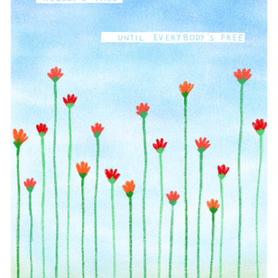 Ilustração de flores vermelhas e laranjas com texto motivacional